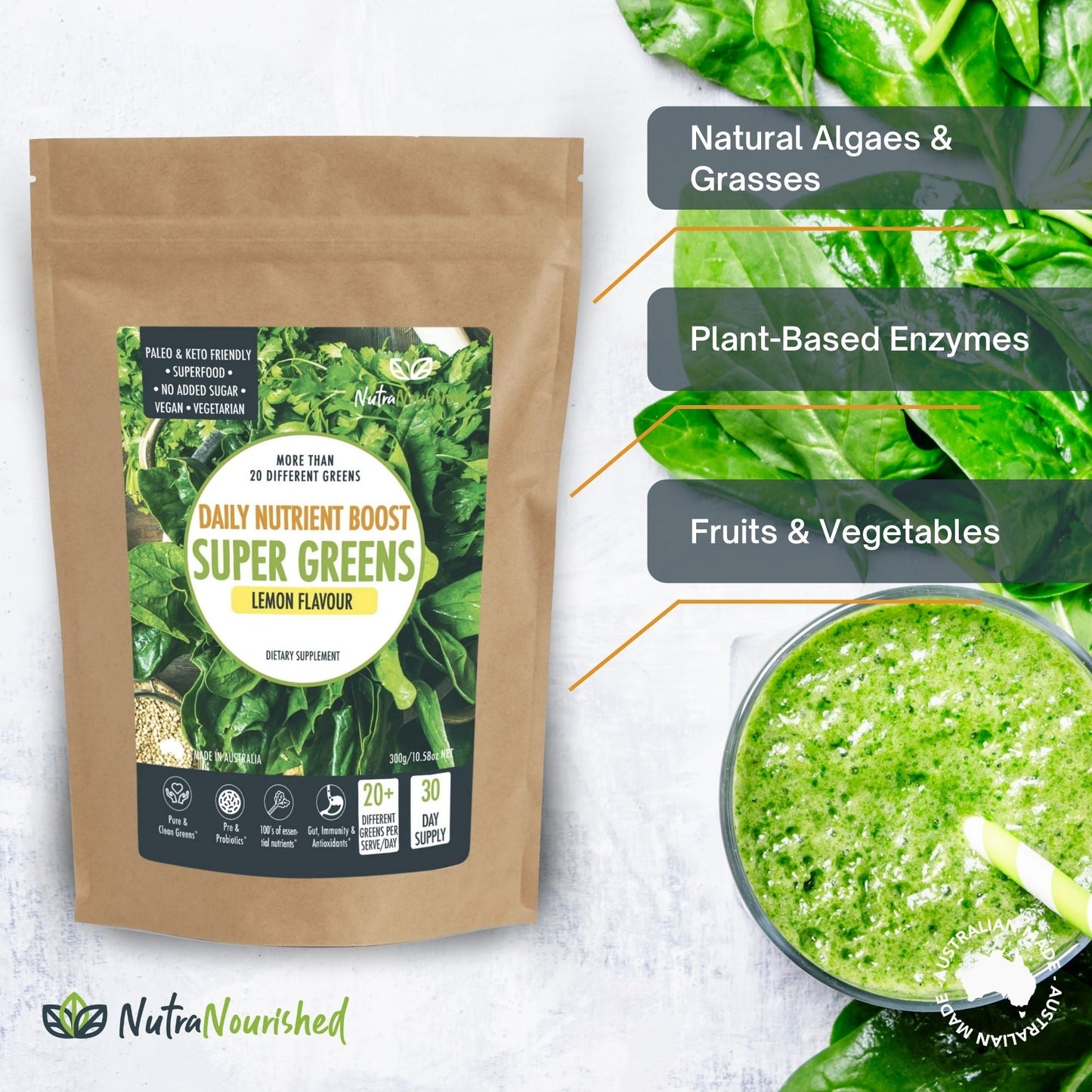 Super Greens Powder – Energising Superfood Blend - Nutrients and Vitamins of 20 Greens