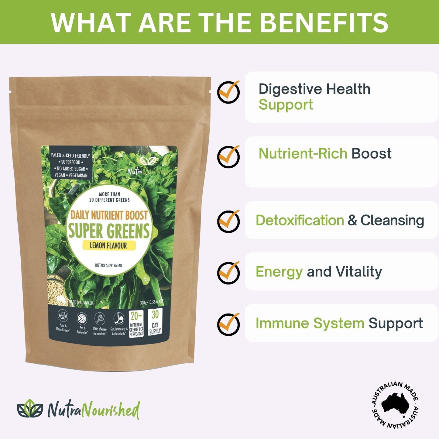 Super Greens Powder – Energising Superfood Blend - Nutrients and Vitamins of 20 Greens
