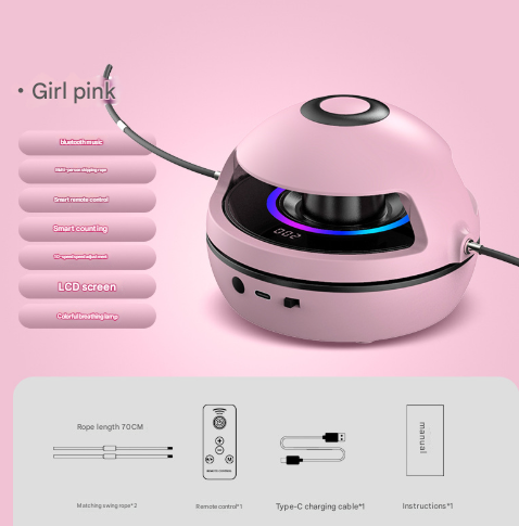 Pink Smart Electric Jump Rope Machine with Bluetooth Music, Remote Control & LED Lights