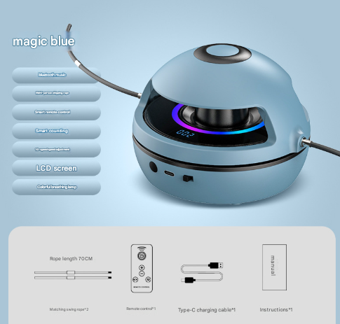 Blue Smart Electric Jump Rope Machine with Bluetooth Music, Remote Control & LED Lights